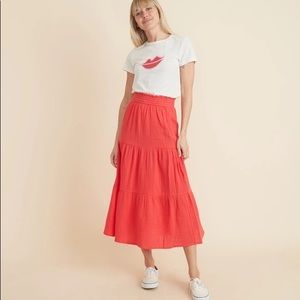 Marine Layer Corinne Maxi Skirt Poppy Red XL Elastic Waist Crinkle Double Cloth